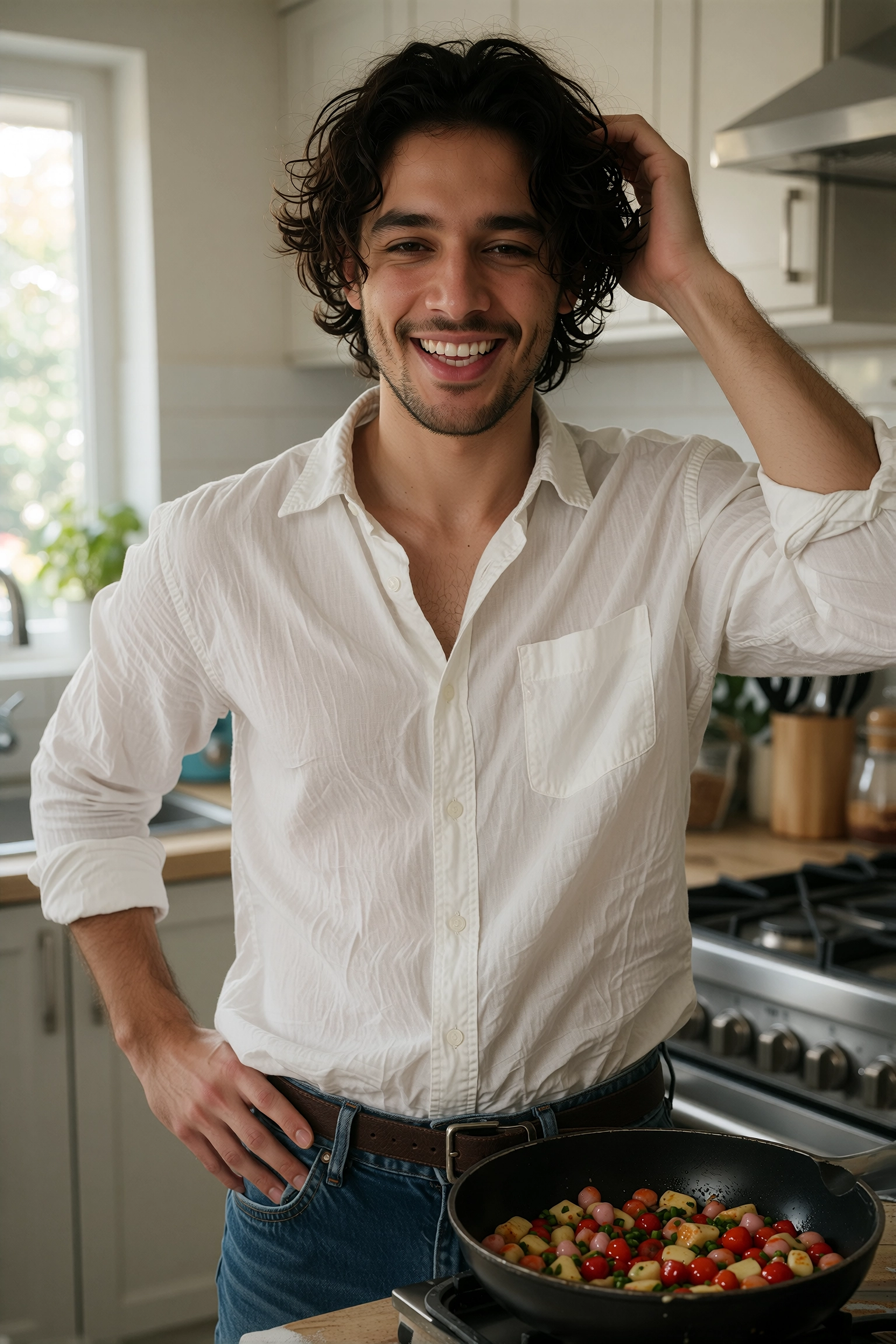 Latino man in a white shirt and jeans cooking in a bright kitchen, warm smile, friend vibe not a boyfriend pose