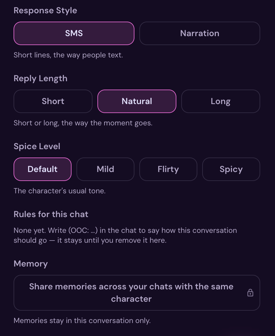 Conversation Settings for how to roleplay with AI: Texting, Novel and Grounded chat modes