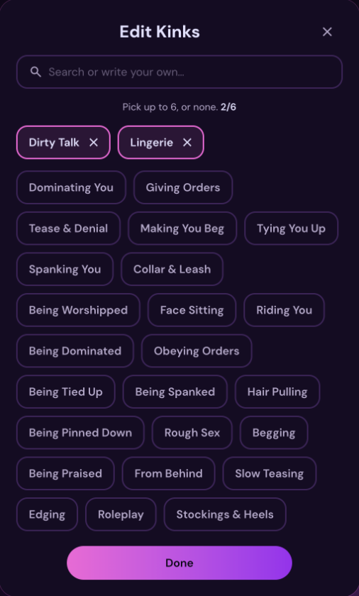 Edit Kinks on myVirtual.love with Dirty Talk and Lingerie picked, for readers who asked does Character AI talk dirty