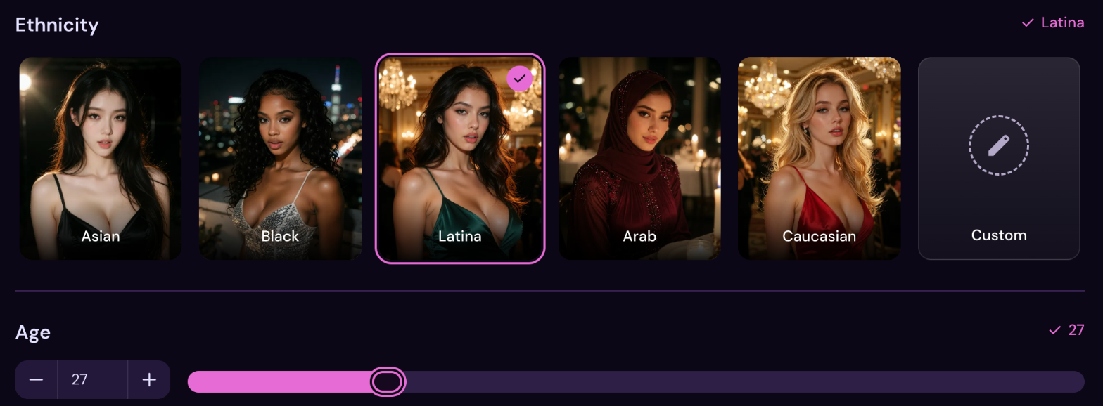 myVirtual.love Create step with five ethnicity options plus Custom, Latina selected and age set to 27