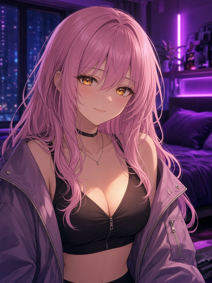 Anime AI girlfriend with pink hair in a neon bedroom, chatting on her phone