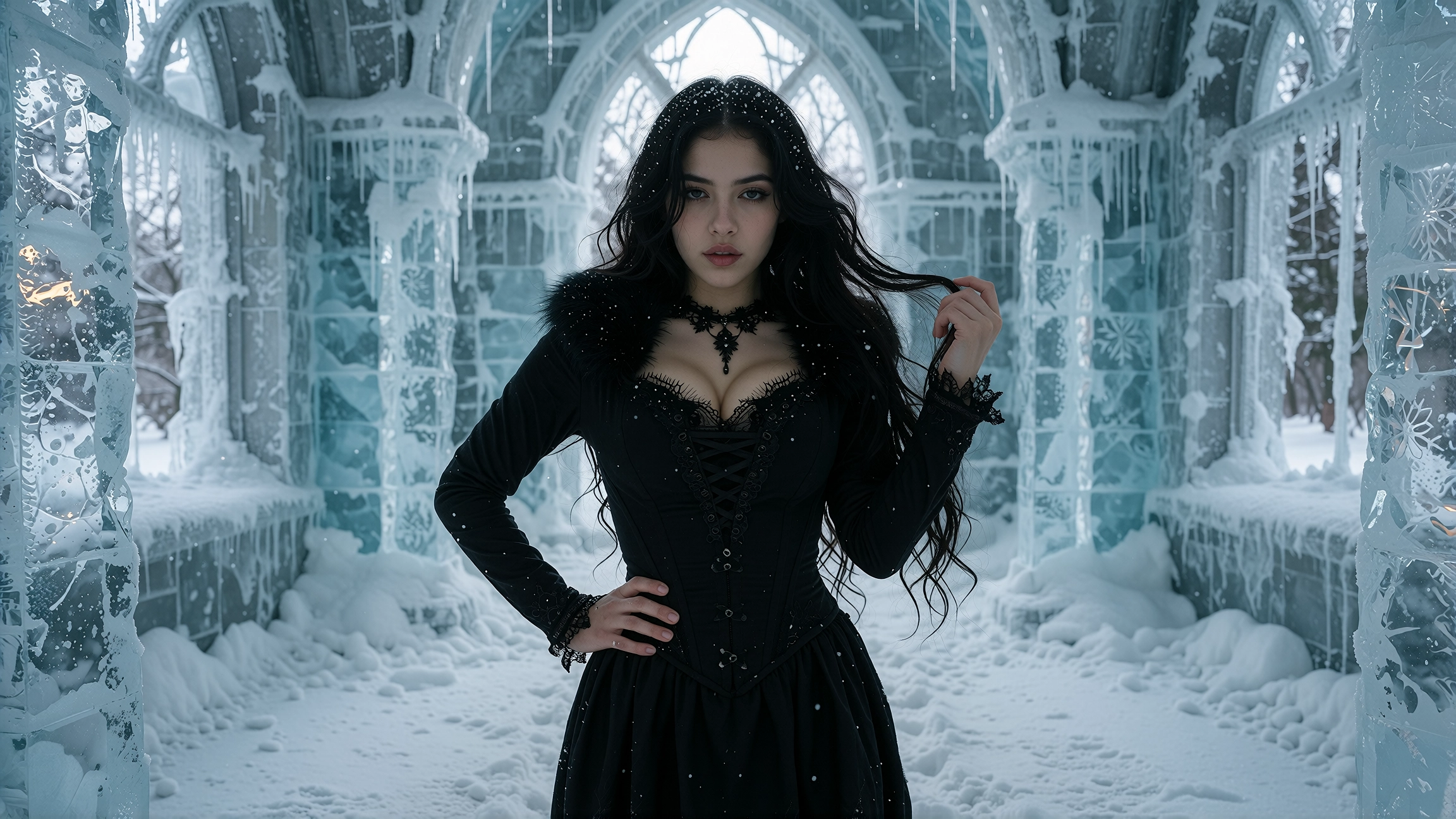 Goth woman with long black hair in a black corset gown with fur trim and a jewelled choker in a snowy ice palace