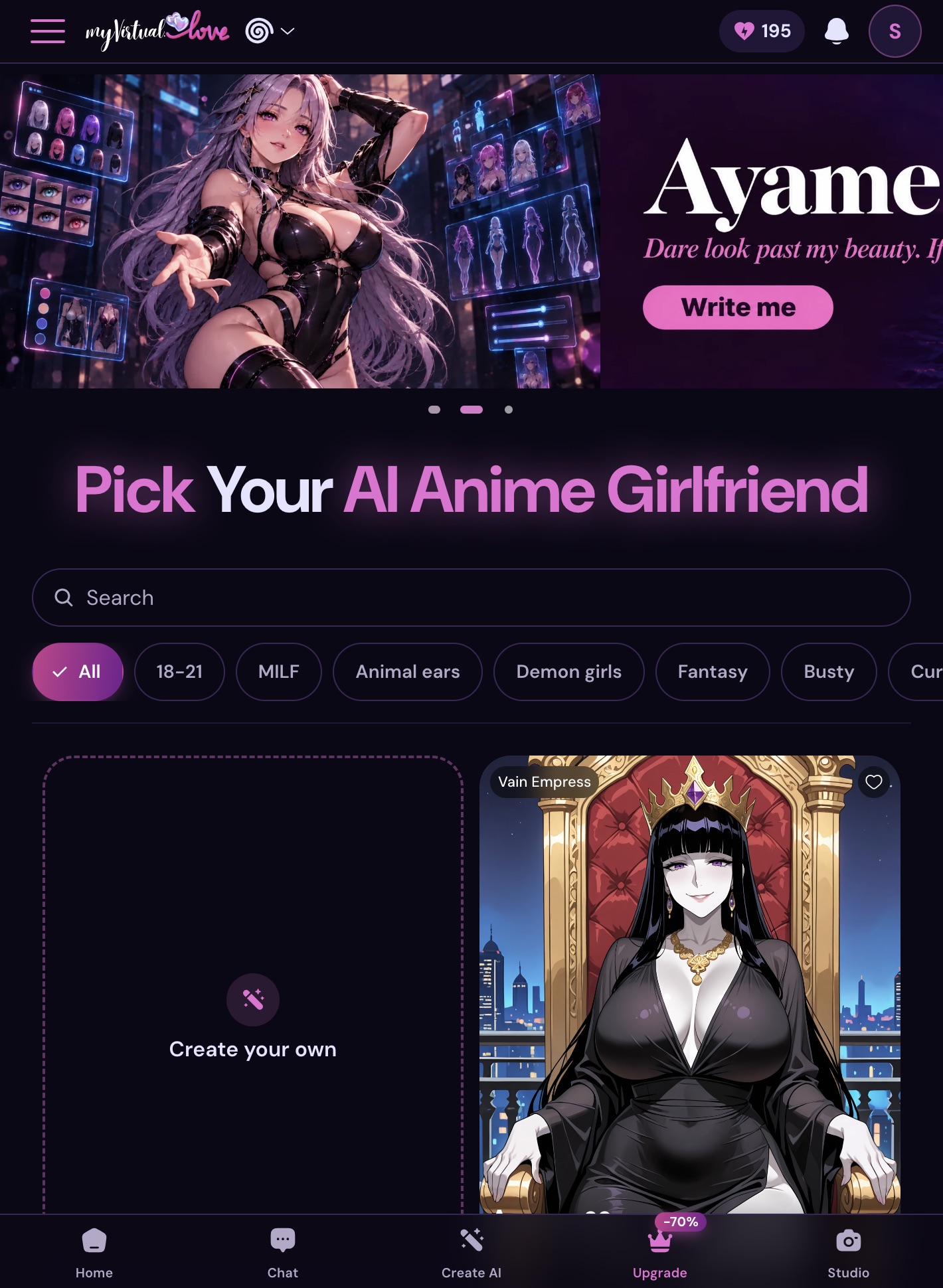 myVirtual.love Anime page showing Pick Your AI Anime Girlfriend with character cards and Create your own