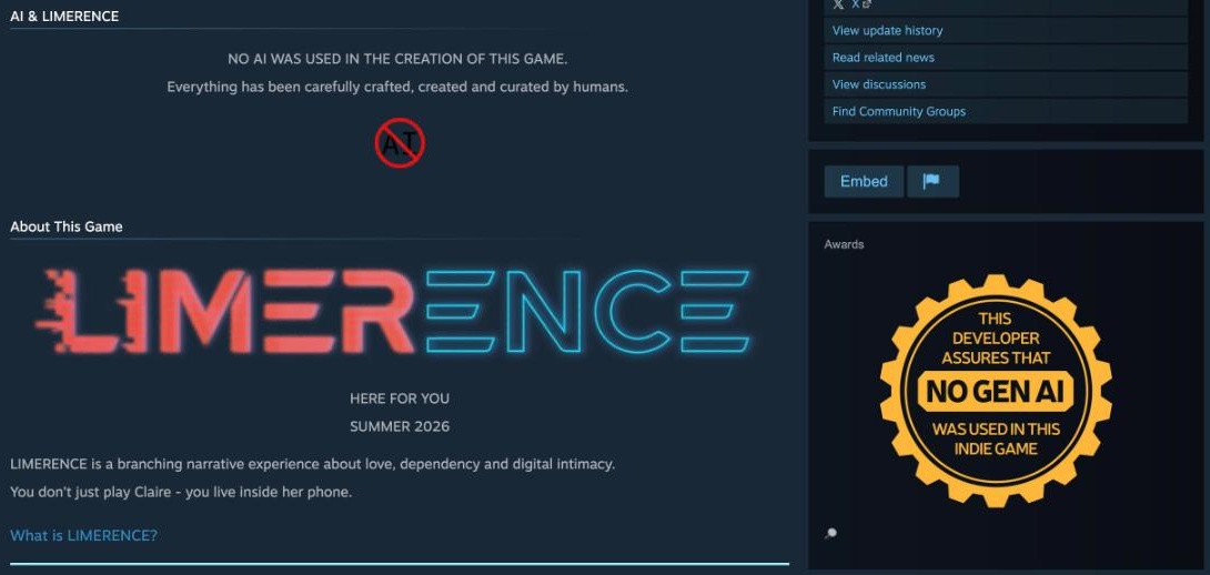AI and LIMERENCE section on Steam saying no AI was used in the creation of the game, beside a No Gen AI developer badge