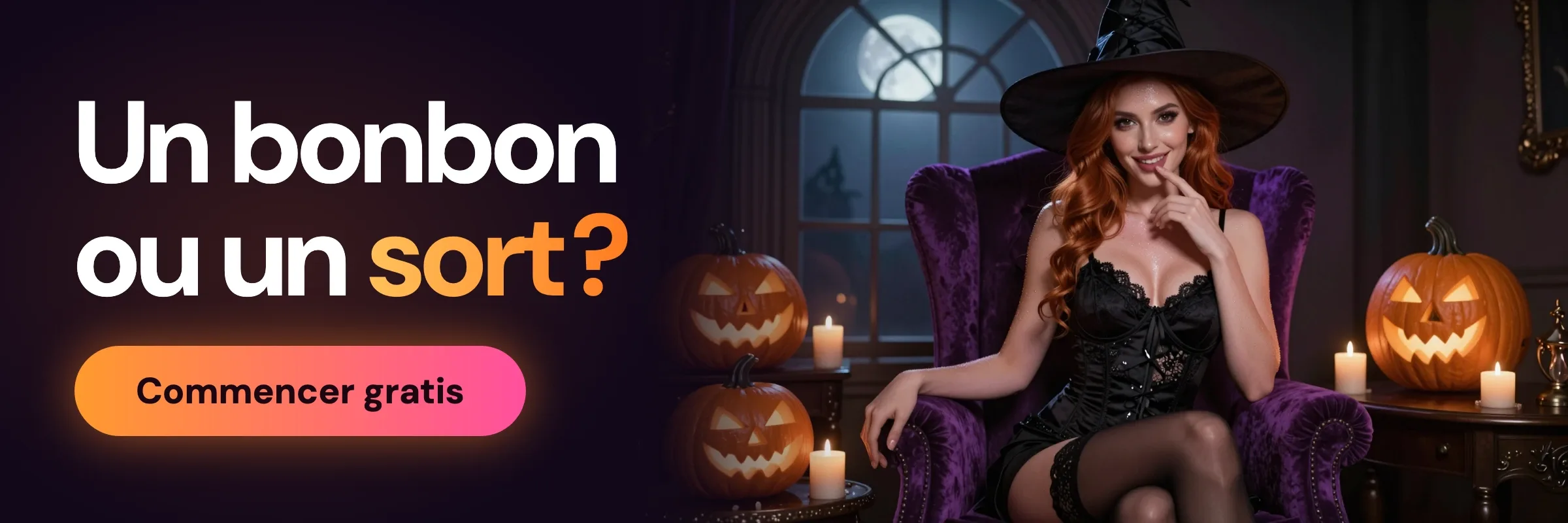 Trick or treat? A witch waits by the pumpkins on Halloween night