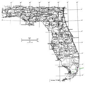 Mapa antiguo de Florida con la distribución de la especie señalada en la costa.