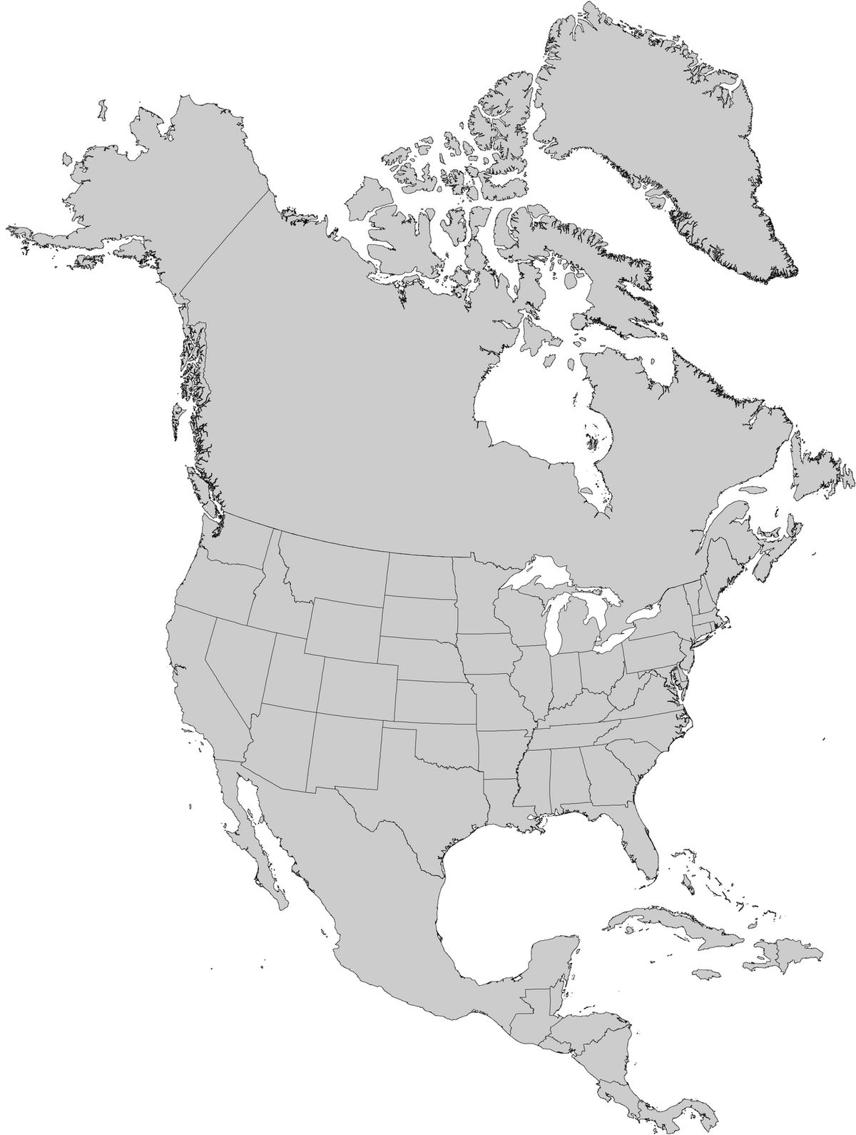 Mapa de Norteamérica en gris, sin marcas visibles de distribución.
