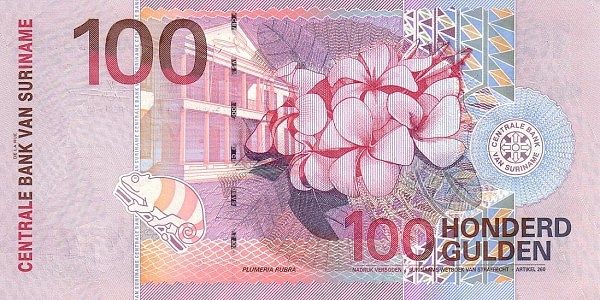 Billete de cien gulden de Surinam con la flor del cacaloxóchitl impresa.