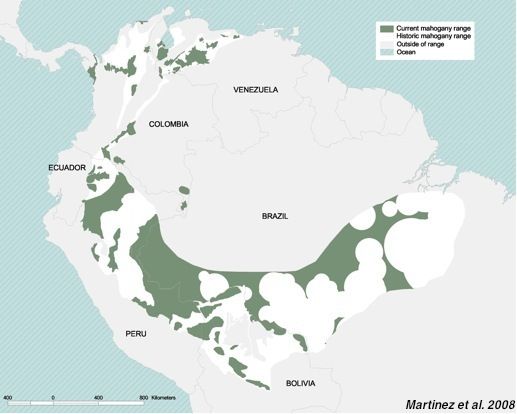 Mapa del área de distribución histórica y actual de la caoba en América.