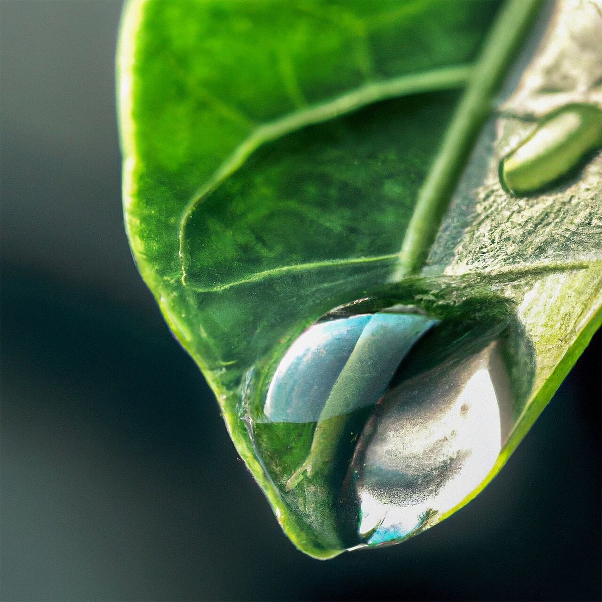 Gota de agua sobre una hoja lustrosa de naranjo agrio, muy de cerca.