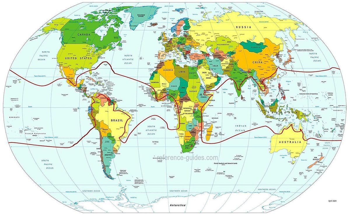 Mapa del mundo con una franja roja que marca el área de cultivo del coco.