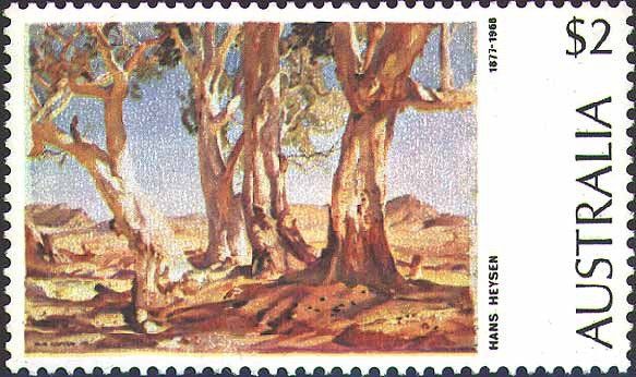 Timbre postal australiano con una pintura de eucaliptos rojos de tronco blanco.