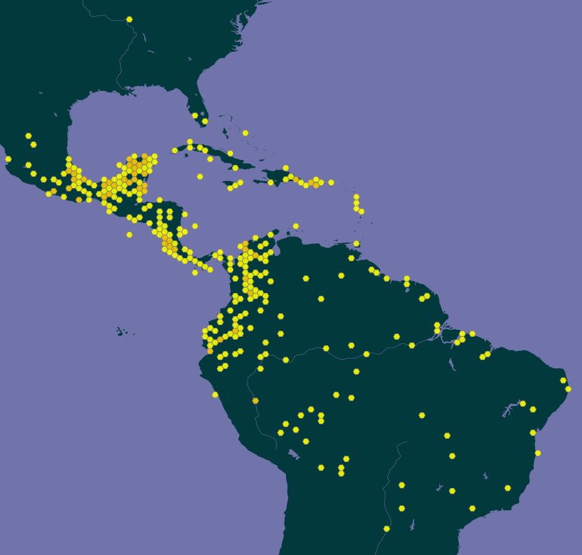 Mapa de América con puntos amarillos que marcan los registros de la especie.