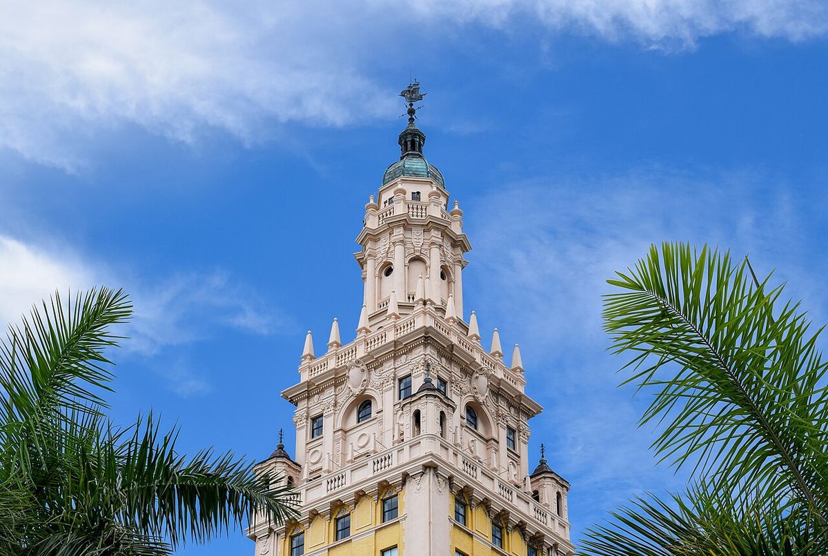 Torre de un edificio antiguo enmarcada por las hojas de una palma real.