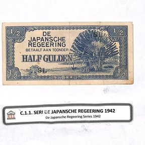 Billete japonés de medio gulden de 1942 con una palma del viajero impresa.