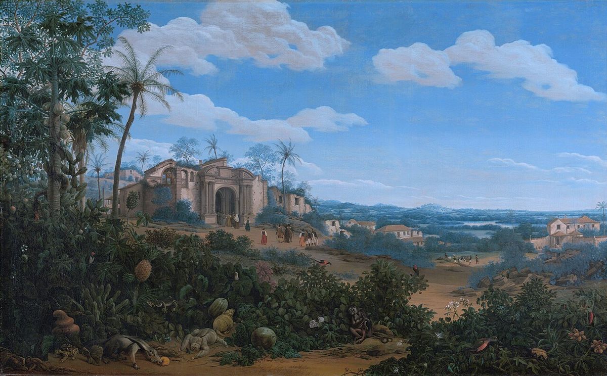 Pintura antigua de un paisaje tropical con una capilla y vegetación en primer plano.
