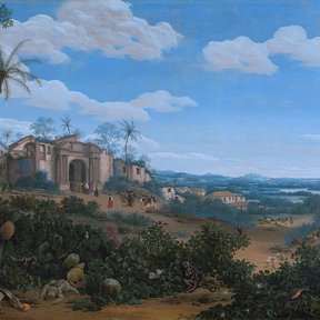 Pintura antigua de un paisaje tropical con una capilla y vegetación en primer plano.