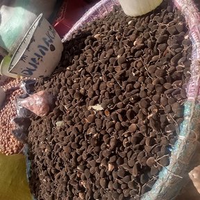 Canasto lleno de vainas de tamarindo en un puesto de mercado.