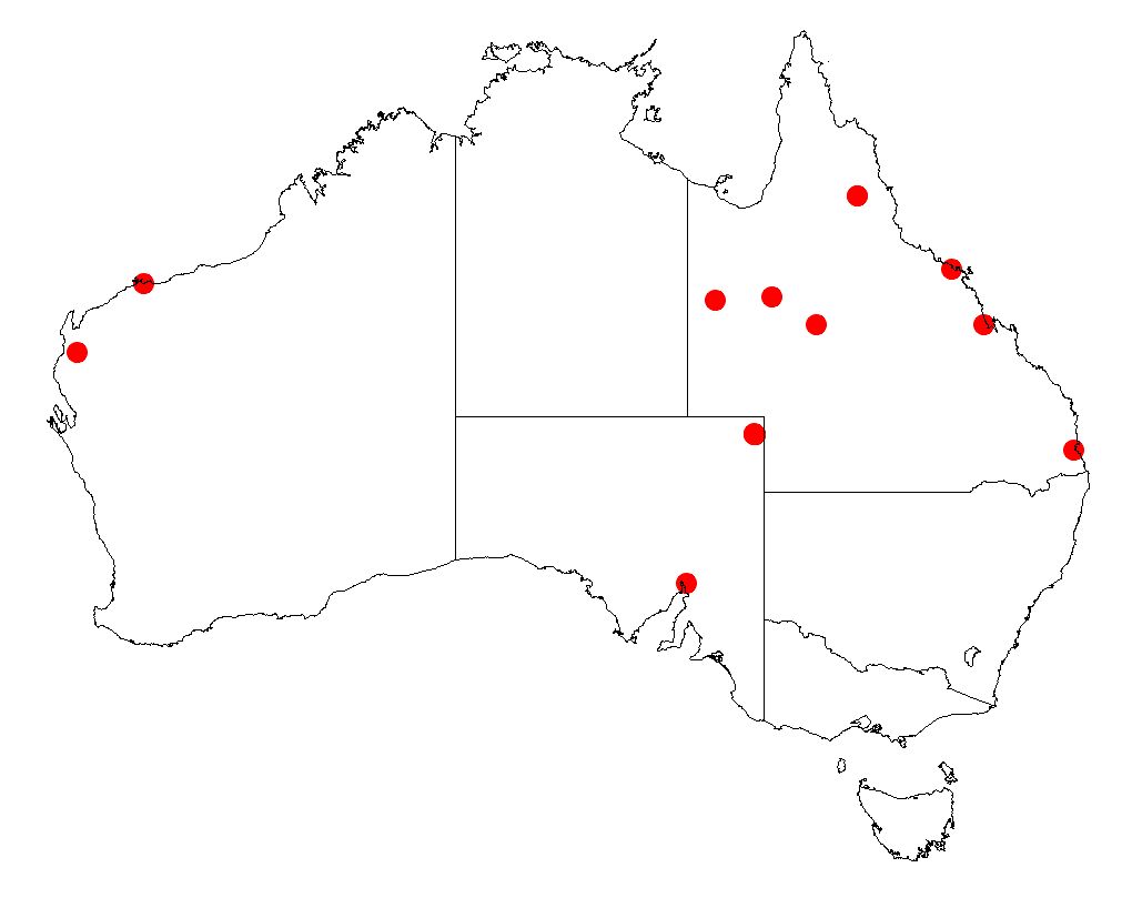 Mapa de Australia con puntos rojos donde se ha registrado la especie.