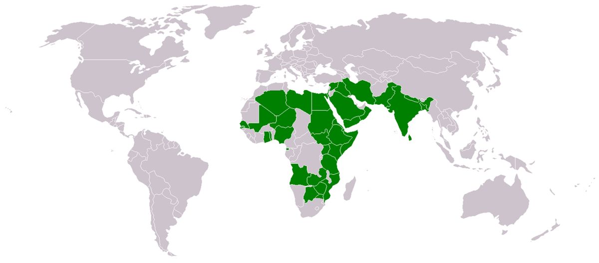 Mapa del mundo con el área de distribución de la especie marcada en verde.