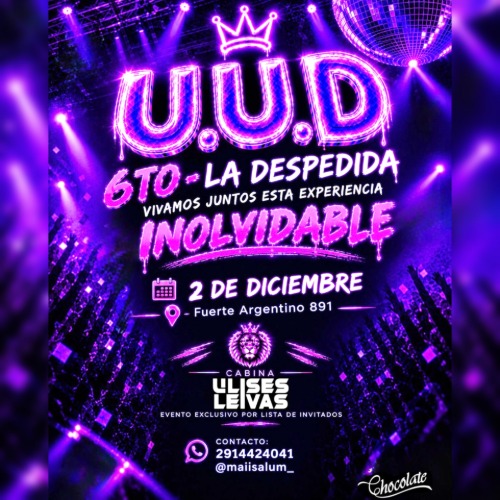MIERCOLES 2 DE DICIEMBRE - U.U.D EN CHOCOLATE - EVENTO EXCLUSIVO SOLO PARA COLEGIOS (CAPACIDAD LIMITADA)