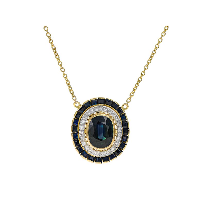 Estate Radcliffe Diamond & Sapphire Halo Necklace Radcliffe Jewelers